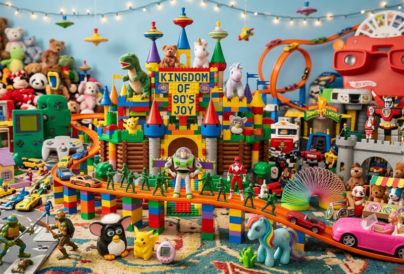 Colorful LEGO-style toy castle display with figures, cars, and animals in a playful playroom scene