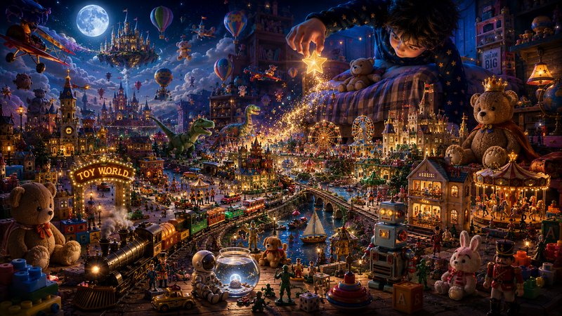 Intricate LEGO toy cityscape at night with moon, ferris wheel, teddy bears, and a child casting a...