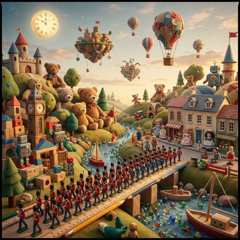 Whimsical toy diorama with teddy bears, marching soldiers, castles, and hot air balloons in a col...