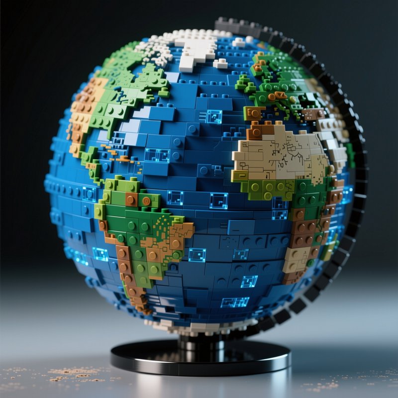 LEGO globe model built from colorful bricks on a stand.