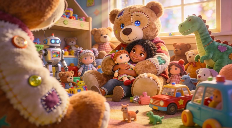 Large teddy bear holds a child and plush doll in a cozy, toy-filled playroom.
