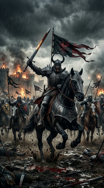 Armored knight with horned helm on a charging horse leading a fiery medieval battle.