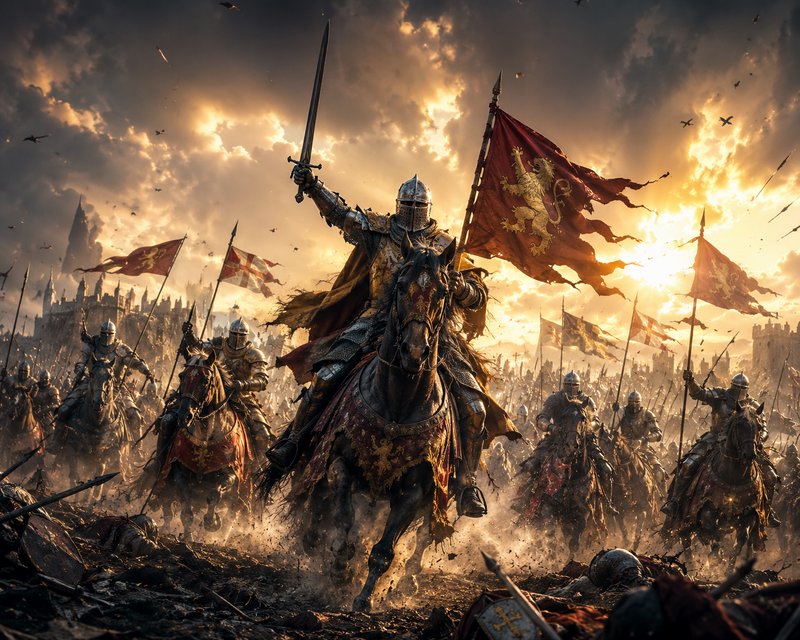 Knight in shining armor on a galloping horse leading a fiery medieval battle with banners