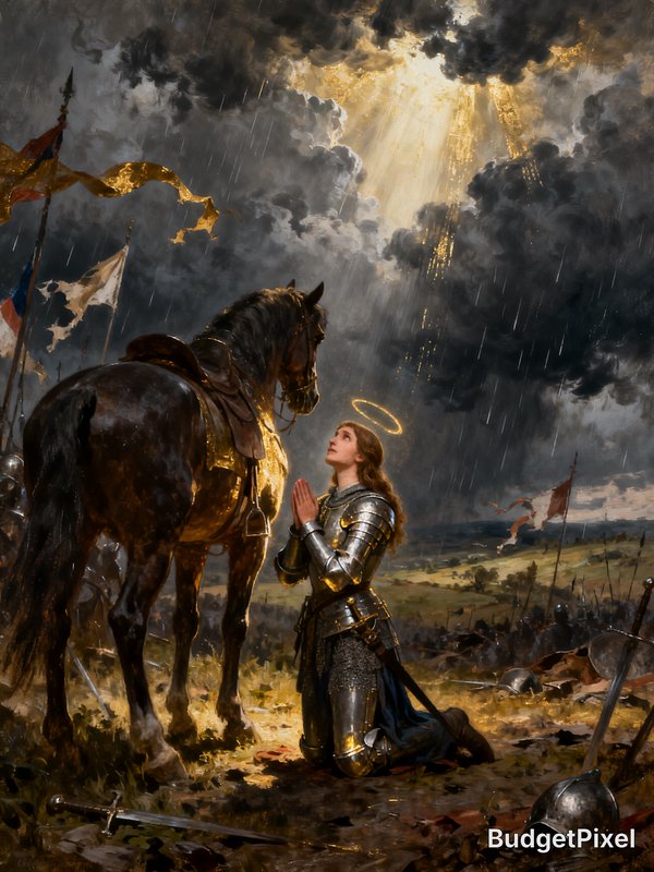 Knight in shining armor kneels before a horse under a dramatic, sunlit stormy sky.