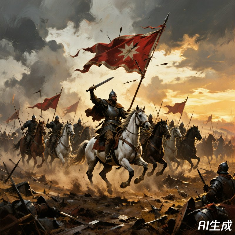 Mounted medieval knights charge on a battlefield, waving a red flag with a white emblem.