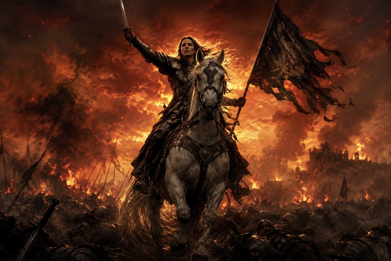 Warrior woman in armor rides a white horse through a fiery battlefield, sword raised.