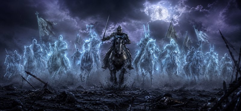 Dark fantasy army of spectral armored knights led by a central rider on a horse under a full moon.