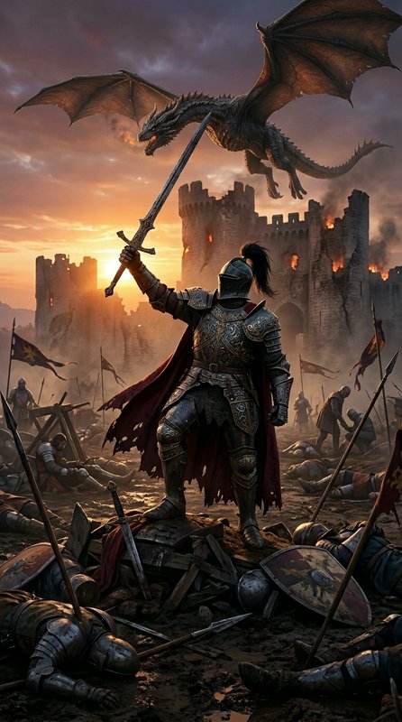 Armored knight raises a sword as a dragon soars above a ruined castle battlefield.