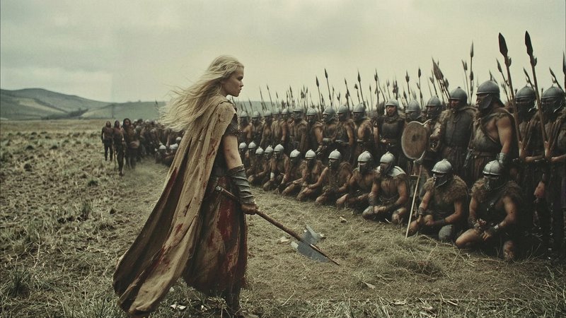 Female warrior in a tattered cape facing a line of armored soldiers in a dusty field.