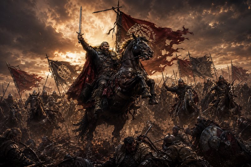 Armored warlord on a rearing horse leads a chaotic medieval battle under fiery skies.