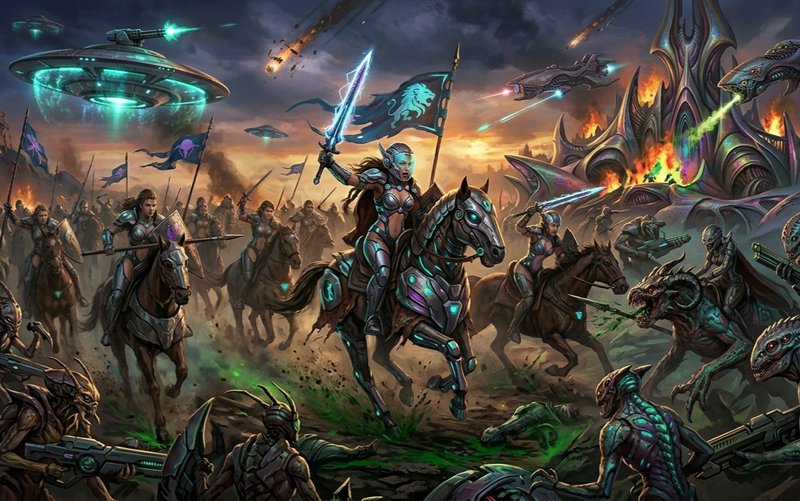 Epic fantasy battle scene with armored riders on horses, wielding glowing swords amid alien beast...