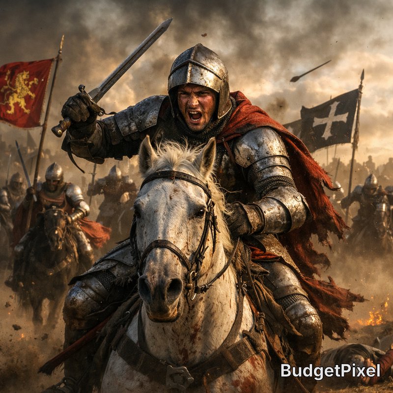 Armored knight on a white horse charging into battle with sword raised amid smoke and flags.