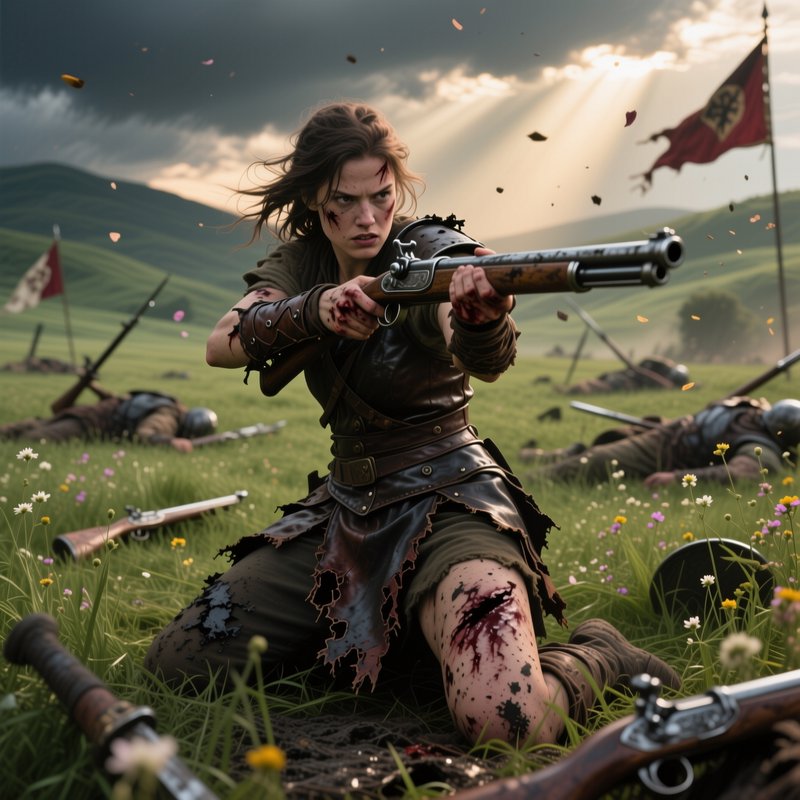 Female fantasy warrior aims a long rifle in a grassy battlefield with fallen soldiers and flags