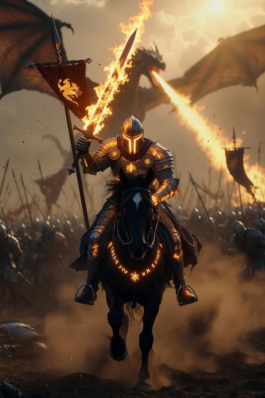 Armored knight on a rearing horse charging through a fiery medieval battlefield with flaming swords.