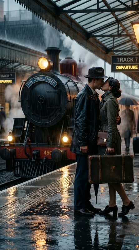 A couple kissing on a rain-soaked train platform with a vintage steam locomotive behind them.
