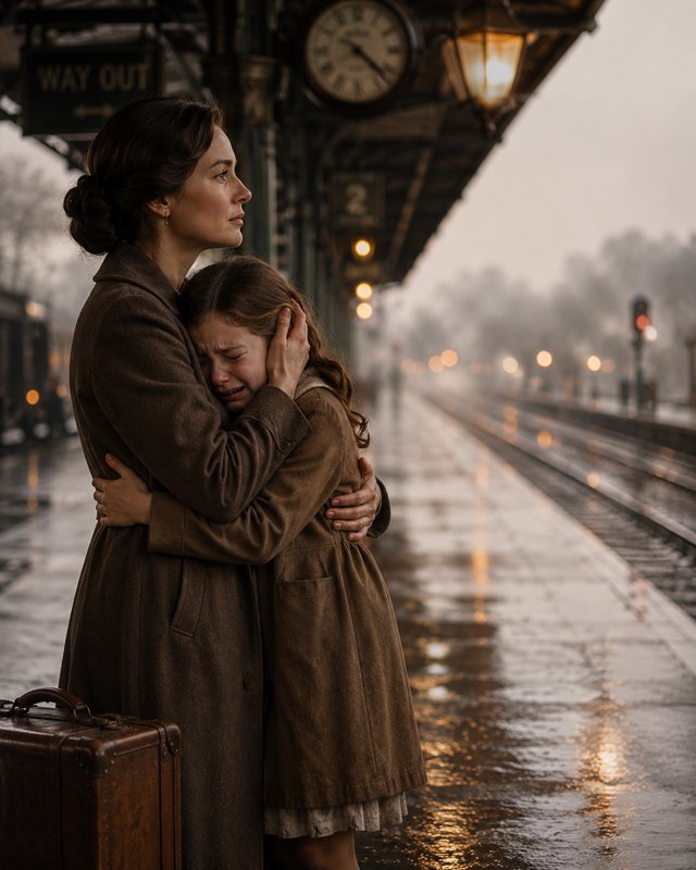 A mother and daughter embrace on a rainy train platform with vintage coats and a suitcase.