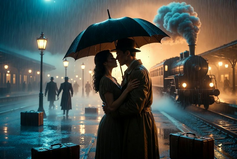 Couple kissing under umbrella at a rainy vintage train station with a steam locomotive.
