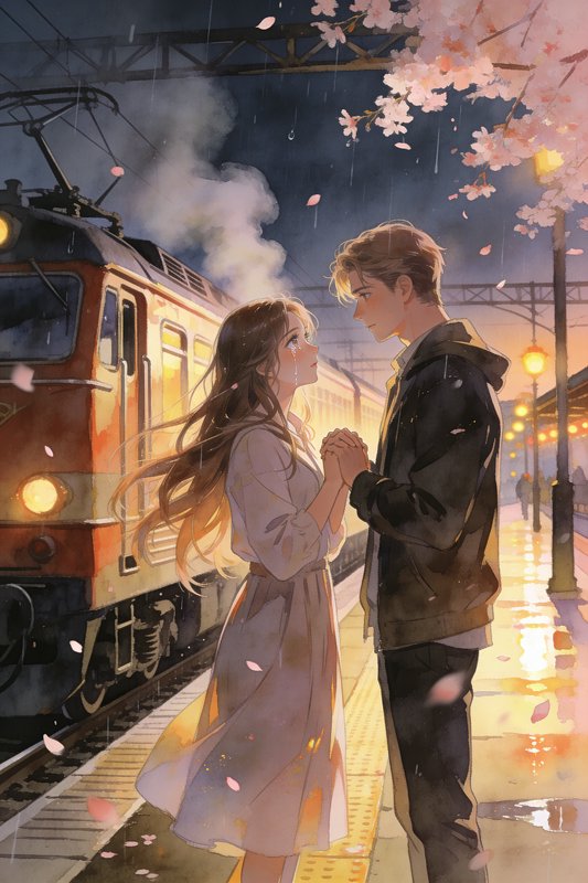 Anime-style couple holds hands on a rainy train platform with a red locomotive and falling cherry blossoms.