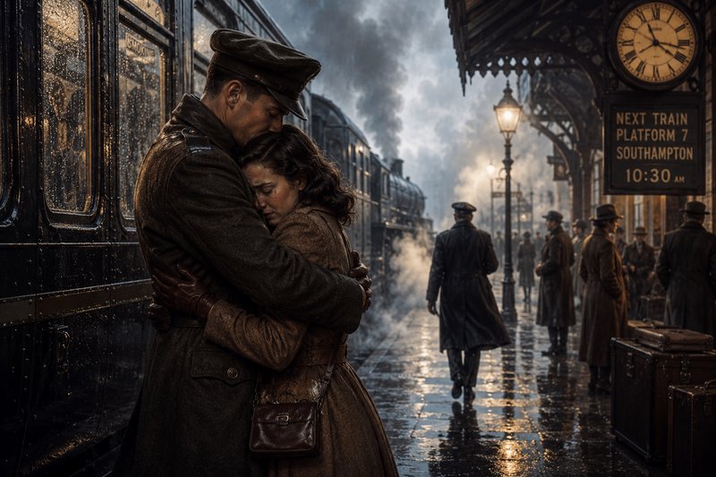 Embracing couple in a vintage train station at platform with steam, rain, and a large clock.