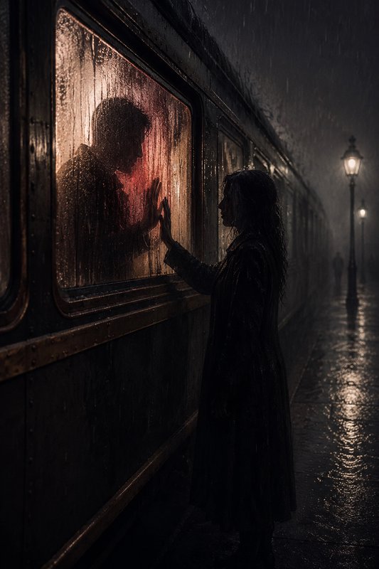 Silhouette of a person standing outside a rain-streaked train window at night, touching the glass.
