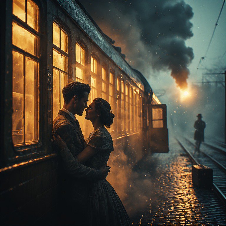 Romantic couple embracing beside a warmly lit vintage train at a foggy platform.