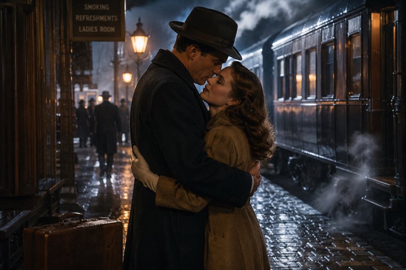 Romantic couple kissing at a vintage train station platform at night with steam.
