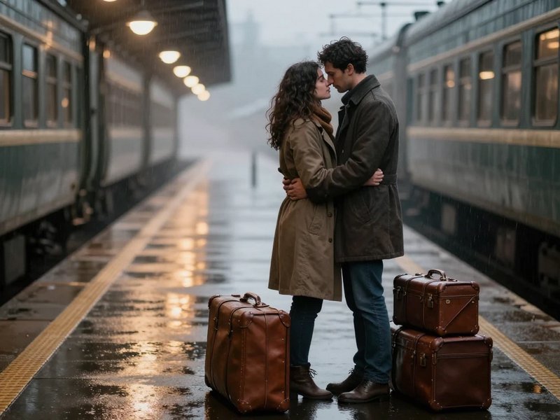 A couple in trench coats kissing on a rainy train platform with vintage brown suitcases.