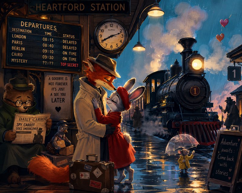A fox and a rabbit kiss at a vintage train station beside a steaming locomotive and travelers.