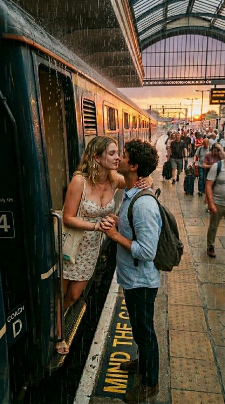 Romantic couple kissing on a train platform beside a blue train at sunset, with rain and a crowd ...