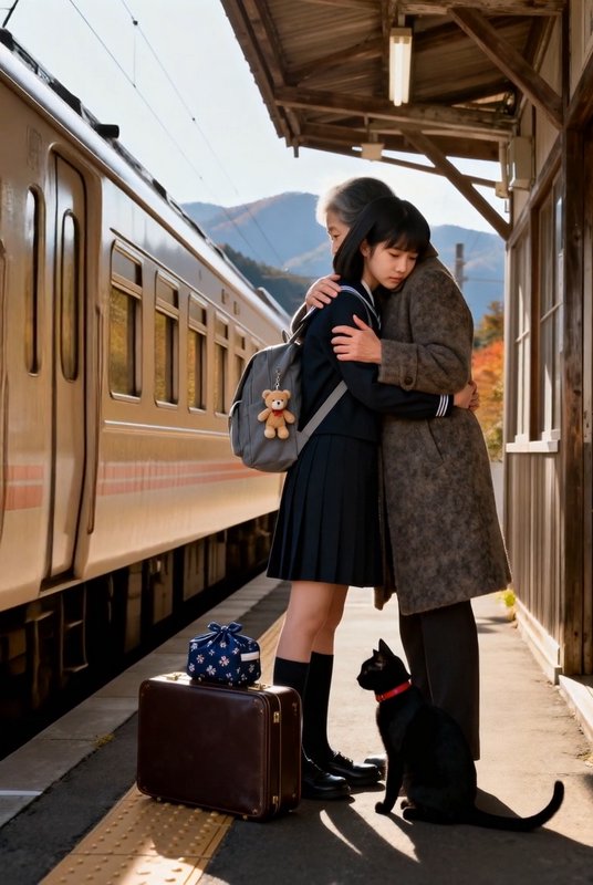 Schoolgirl in uniform hugs an elderly woman at a train station, with a cat, luggage, and a train beside them.