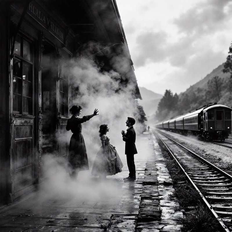 Black-and-white train station scene with steam, a woman, two children, and a man on the platform.