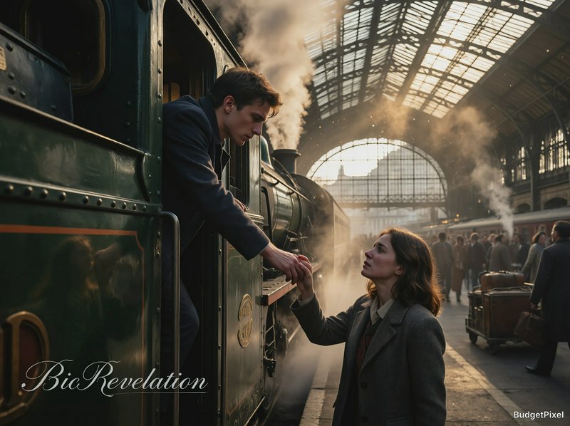 Man on a green steam locomotive reaches to a woman on a platform as steam rises in a grand train ...