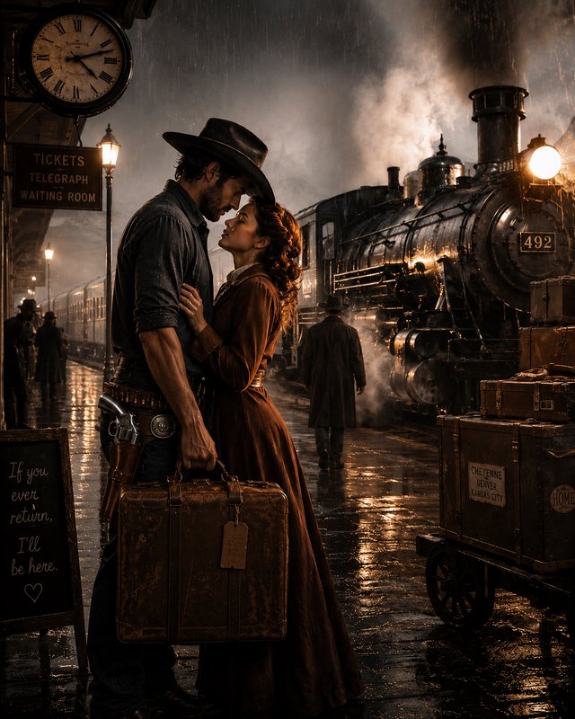 Romantic couple in vintage Western attire on a rainy train platform with steam locomotive.