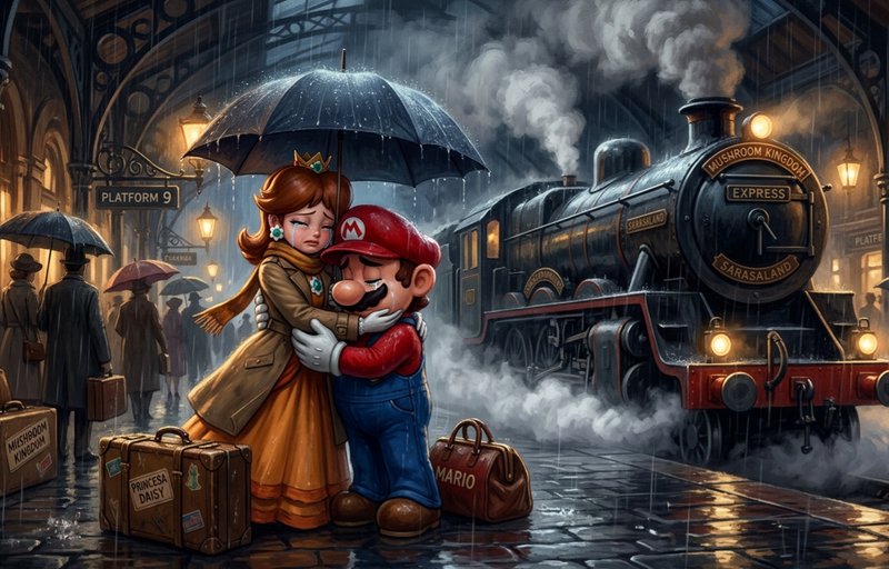Mario and Princess Peach hug under an umbrella at a rainy train platform with a steaming locomoti...