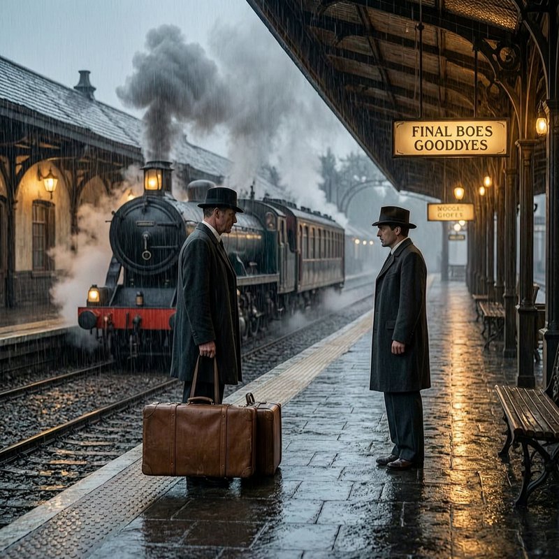 Two men in 1940s-era coats and hats stand on a rainy train platform with a large leather suitcase...