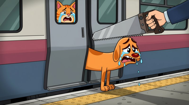 Cartoon orange dog crying on a train platform as a saw is used near the train door.