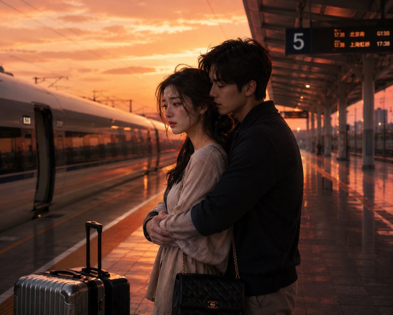 Couple embracing on a train platform at sunset with a silver suitcase beside them.