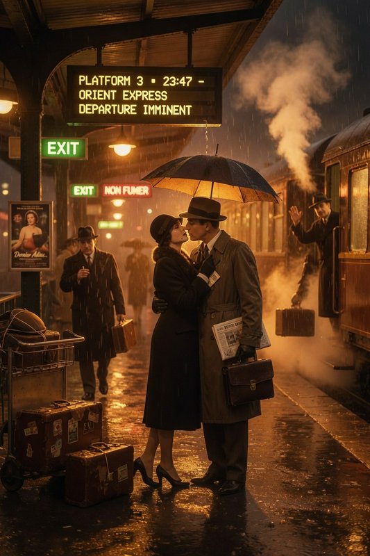 Romantic vintage couple kissing under an umbrella on a rainy train platform with steam and retro ...