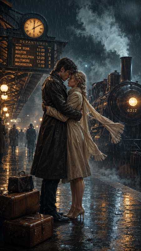 Romantic couple kissing in the rain at a vintage train station with a steam locomotive.