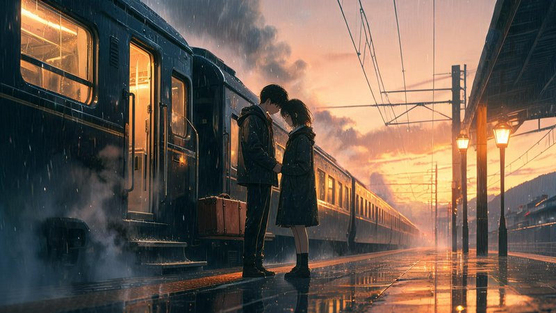 A couple stands close on a rain-soaked train platform at sunset, kissing beside a dark train.