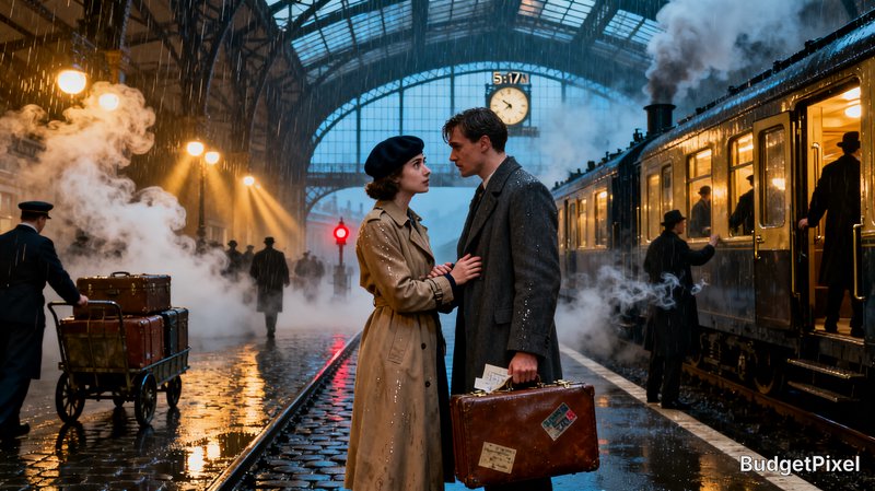 Vintage 1940s couple at a steam-filled train station platform with a luggage suitcase.