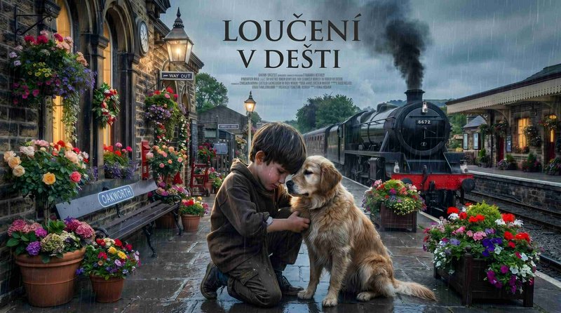 Boy in a rain-soaked train station with a dog, colorful flowers, and a steam locomotive in the ba...