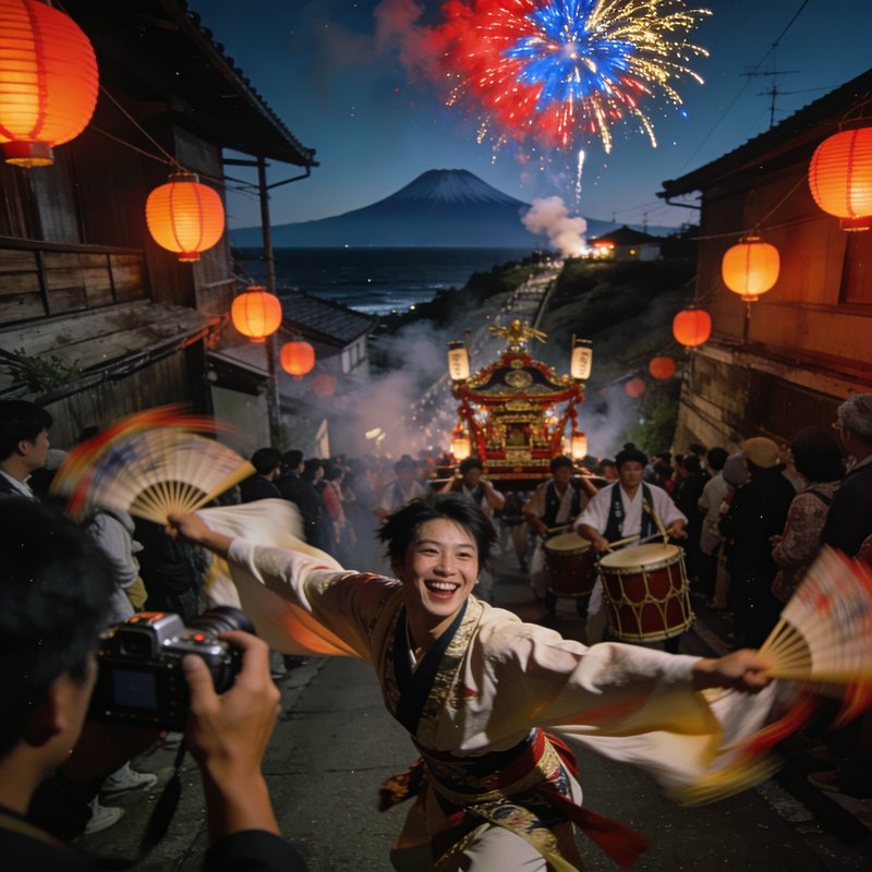 Joyful dancer in kimono with fans at a lantern-lit night festival, Mount Fuji visible in the background
