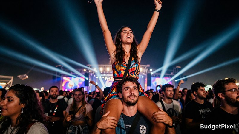 Woman riding a man's shoulders with arms raised at a lively concert crowd under bright stage lights.