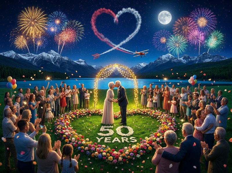 Couple kissing under a glowing arch at a 50th anniversary garden celebration with fireworks.