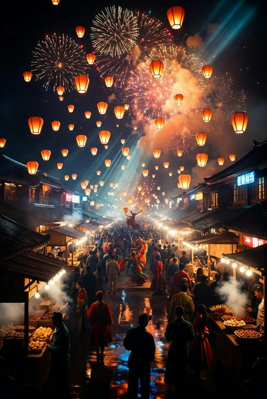 Night market street festival with red lanterns, fireworks, and crowds in traditional clothing.
