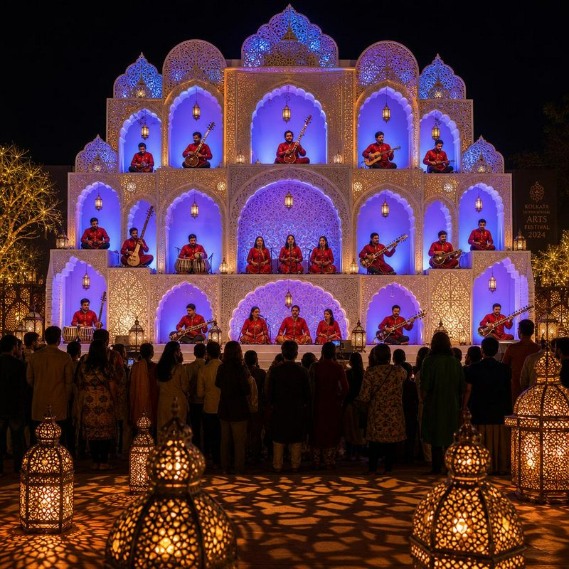 Ornate, multi-tiered festival stage lit blue with musicians in red outfits playing sitars and gui...