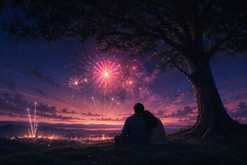 Couple sitting under a large tree at dusk, watching colorful fireworks over a city skyline.