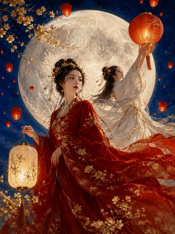 Elegant woman in red embroidered hanfu holding a lantern under a full moon.