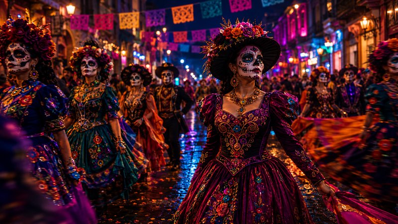 Colorful Day of the Dead parade with sugar skull makeup and ornate, flower-adorned dresses.